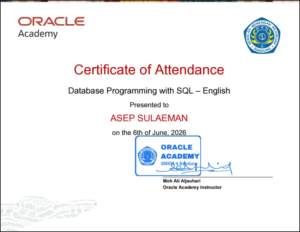 Oracle Academy Database Programming with SQL Attendance Certificate