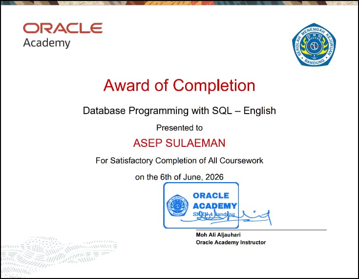 Oracle Academy Database Programming with SQL Certificate