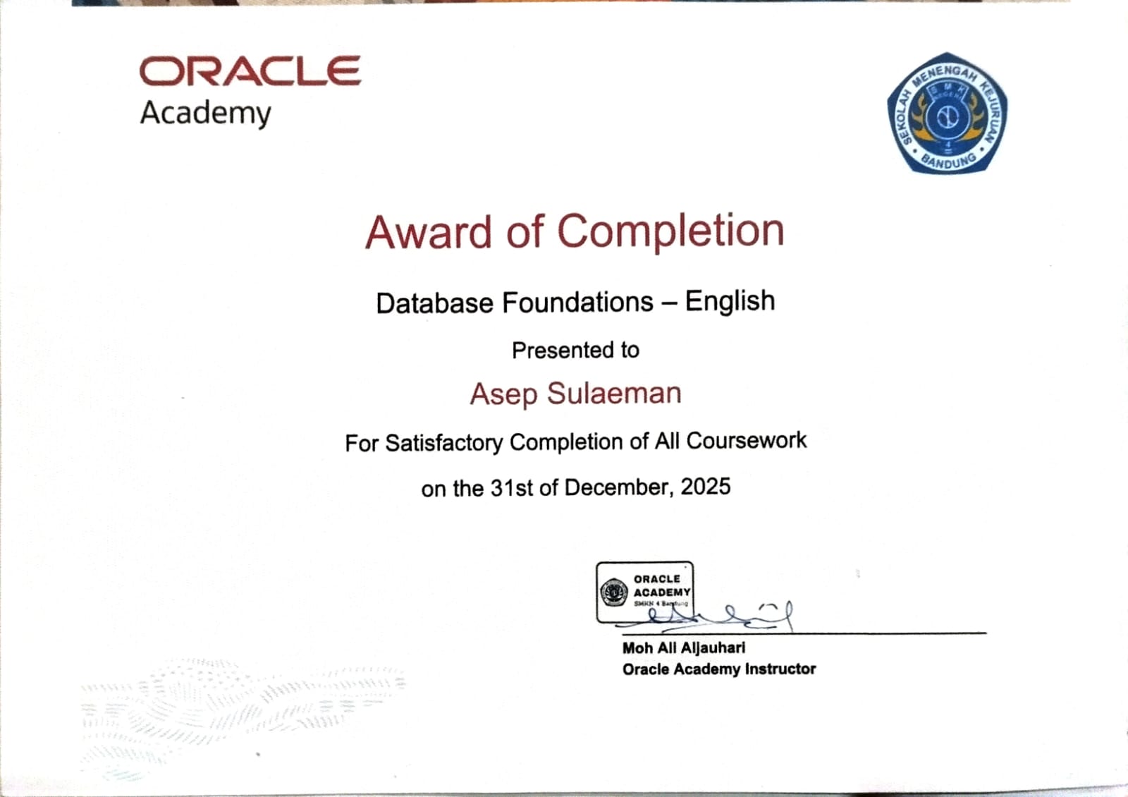 Oracle Academy Database Foundations Certificate